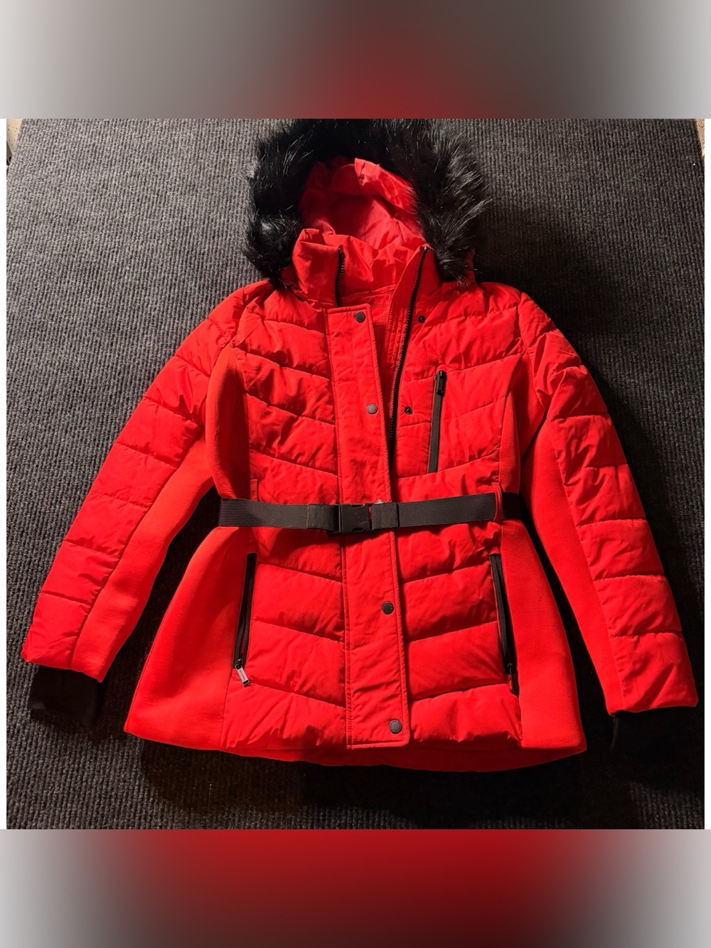 London Fog Red Belted Puffer Coat Women’s M Faux Fur Hood Winter Jacket